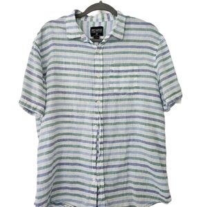 Short Sleeve Striped Linen Blend Shirt Large